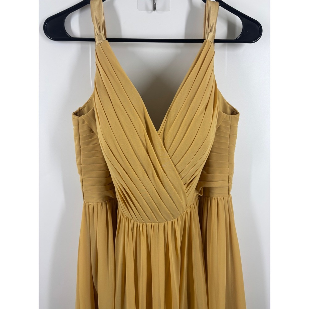Azazie Marigold Yellow Pleated Surplice V-Neck Chiffon Maxi Bridesmaid Dress C M